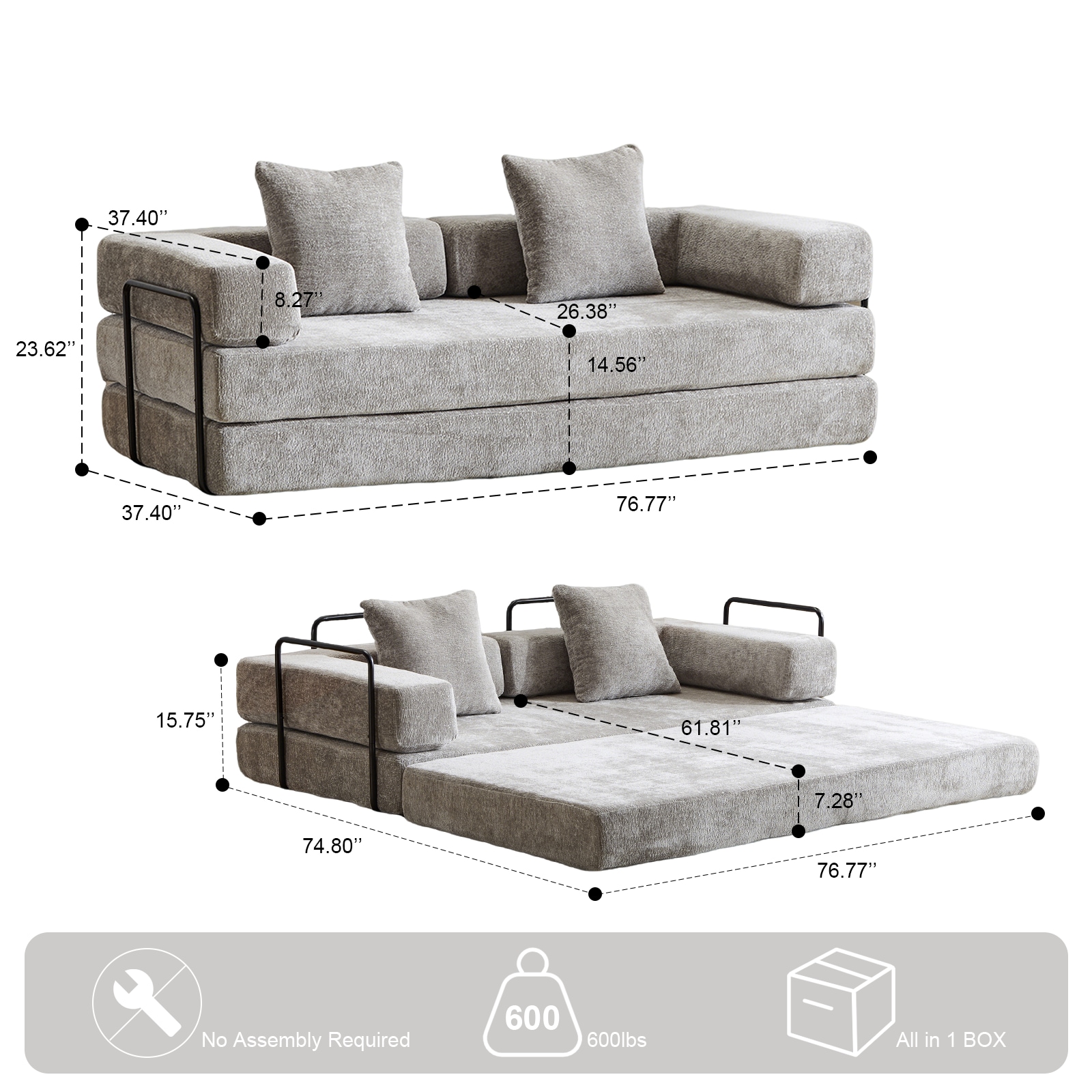 Floor Couch,Compression Sofa,Convertible Floor Sofa Bed-with Pillow Back Support Armrest,Comfy Futon Couch Lounge Sleeper Bed (Light-Grey)_voghion.com
